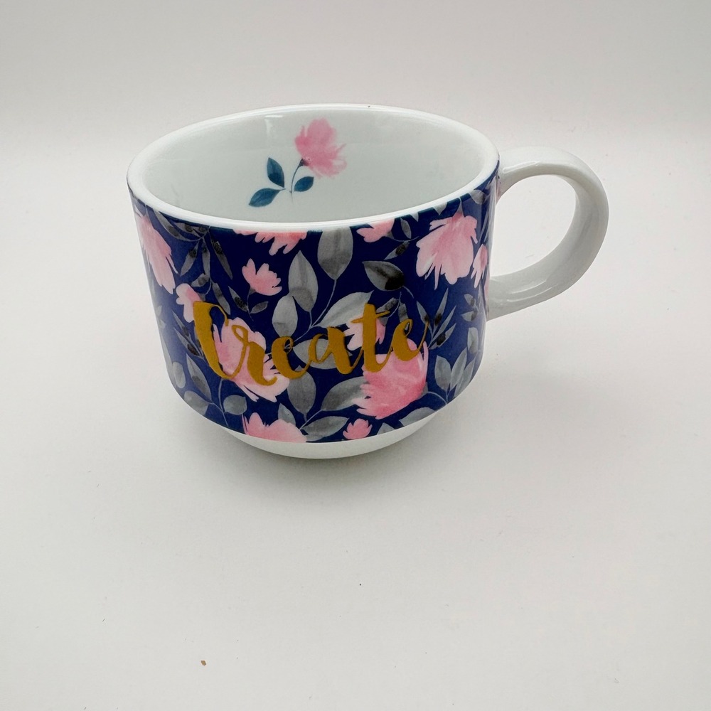 Pier 1 Coffee Tea Mug Stackable Navy Blue Floral Create Gold Script Small Chip